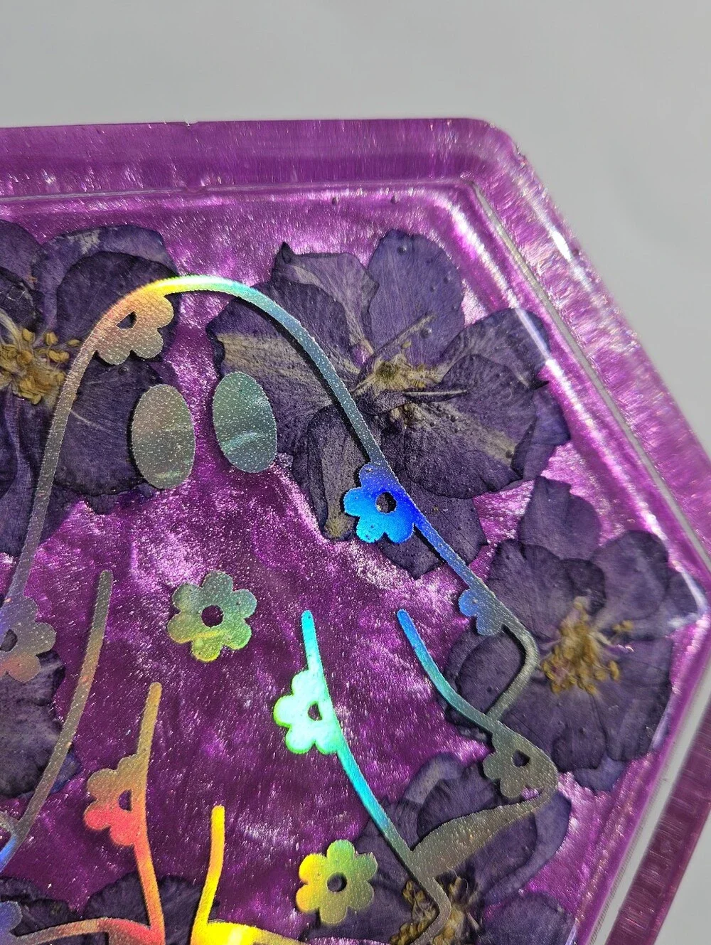 Handmade Purple Hexagon Resin Coaster with Holographic Ghost Design Whimsigoth